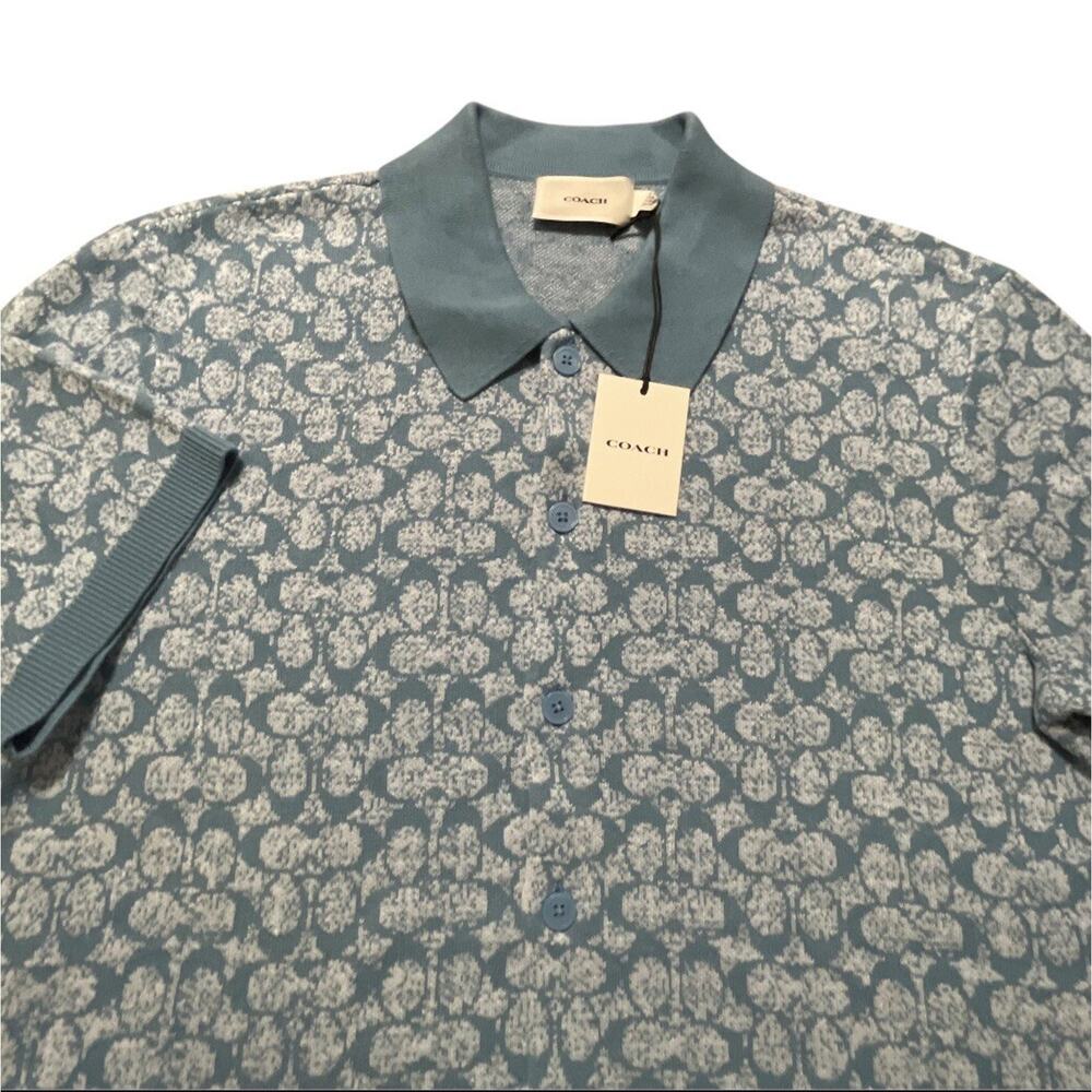 NWT Coach Polo Shirt Sweater Mens Medium Teal Blue Monogram Limited Edition